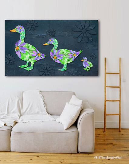 Three colorful ducks with purple daisies and green with orange beaks on a navye blue background by artist Sharon Cummings.
