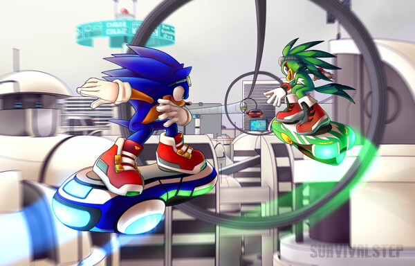 Digital drawing of Sonic the Hedgehog and Jet the Hawk racing on hoverboards across a futuristic city. They are both smirking at eachother.