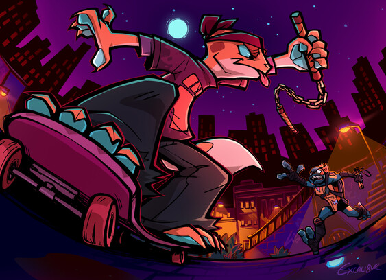 Digital drawing of Mikey from Rise of the Teenage Mutant Turtles chasing Mondo Gecko (an orange leopard gecko who is riding a skateboard and sticking out her tongue) across a street. Mondo is holding Mikey's nunckucks in her hand and Mikey is reaching to grab them back. The image has fish eye perspective.