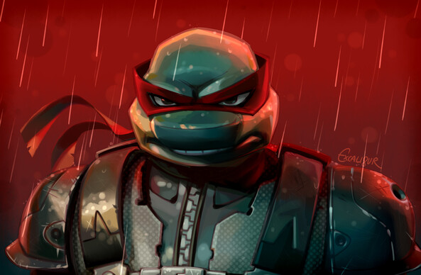 A redraw of a screenshot from the 2007 TMNT movie. The image shows a close-up of Raphael surrounded by red light and wearing his Nightwatcher suit.