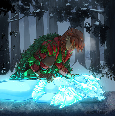 Digital drawing of my Dragonfable hero, Thorn, and his soul ally Aegis. 
Thorn has brown skin and scars on his face, and a red braid that hangs over his shoulder. He is wearing green and red armour and has a leaf-covered cloak. Aegis is a cyan and white ice spirit with armour on his shoulders and forehead. He is lying on a stone slab in the middle of a snow covered forest and appears to be asleep. Thorn is leaning over him and cupping his face with one hand.
