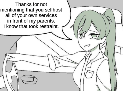 an edit of a drawing showing Sakuya Shirase (a woman with green hair and green eyes) sitting in a car saying 

"Thanks for not mentioning that you selfhost all of your own services in front of my parents. I know that took restraint."