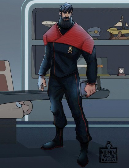 illustration of a Starfleet captain, a bearded trill, in cartoon style