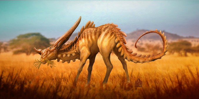 illustration of an eyeless alien creature, similar to an antelope, grazing in a dry grassland