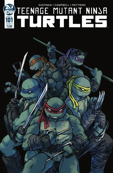 Cover for issue 101 of IDW TMNT series. The five Turtles, including new member Jennika, stand in a ring against a black background. Clockwise: Donnie, Jen, Raph, Leo, Mikey. 

Slight, "Wanna make something of it?" energy in Raph's expression. Art by Sophie Campbell.