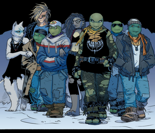 The gang on the first night out of their lives, walking through the snow in home made party clothes. 

In the back is Sally Pride, smiling somewhat sadly, a little alone. From left to right: 
Alopex in a dress made from torn black fabric, on the arm of an unmasked Raph in a kinda Dave Lister jacket, pants and black do rag. They exchange their own kind of tough guy goo goo eyes. Donnie in a basic "Goin' down to Trader Joes" jacket, pants and baseball cap, nervous at Mona Lisa's arm around his. Jennika, in a torn black shirt, black make up and torn fishnets, with a BELT MADE OF BULLETS is in the lead, smirking confidently. Leo and Mikey next to her, dressed in basic jackets and pants. Leo's wearing sunglasses. At night.

It's a sweet scene.