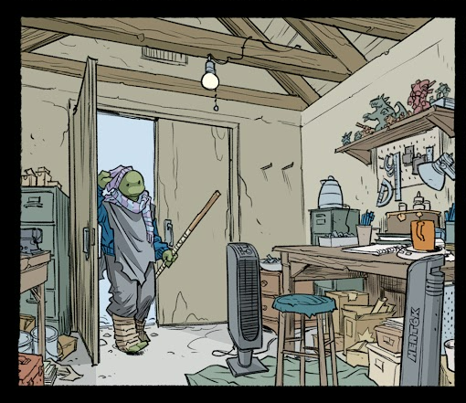Don enters the barn, which he's converted into a sort of study, pulling off his hat. An exposed light bulb has been hung from the rafters of the room, its cable snaking along the beam it's hanging from. 

To the left are a table and filing cabinet, used as a sort of mundane storage area: tool boxes and old paint cans, cartridge boxes that are full of who knows what.

The right side of the room is more set up for Donnie. A rug in front of an old workbench, a stool balanced on the rug with two large, oblong space heaters on either side. There's a spiral bound note pad on the desk, along with a large mug on a hotplate next to a desk lamp, a mug of pens and small lock box with some small bottles balanced on top of it. A wall rack above the desk holds various tools, a ruler and protractor, and the shelf above it is cluttered with action figures, Gamra and mecha, a staple of any Sophie Campbell book.