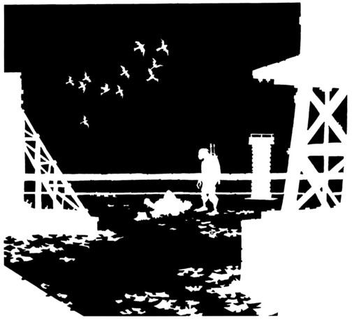 Leo, shoulders slumping, standing over someone on a roof, surrounded by the white silhouettes of chimneys and water towers.  Leaves and paper litter the rooftop. Overhead a flock of bird takes flight.