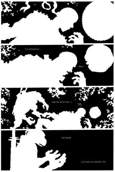 PANEL 1: From Leo's blind, sensory perspective. The ninja's body lies on the rooftop, head turned to the right in death, the tails of his head mask curled behind him to the left, his straw hat fallen beside him on the right. Scraps of paper surround it like mould on a wall. 

TEXT: No...

PANEL 2: Same composition as the above panel, but the silhouette of the body has somehow changed shape: the silhouette of the homeless person Leo jumped over back at ground level. Even his damn hat is there, smaller than the ninja's and frayed at the edges. 

TEXT: It's impossible...
TEXT: How?...

PANEL 3: Leo stands over the dead homeless man's body, both of them hemmed in by roof trash. Leo's body language is stunned, his hands hesitant, frozen but also almost reaching towards the body. 

TEXT: How did he do this...?

PANEL 4: Mouth slightly open in horror, Leo looks down at his hands. 

TEXT: I've failed...
TEXT: ...I've taken an innocent life.