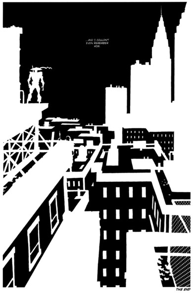 The ninja stands in the left hand corner of the panel, over an almost Sin City style black and white silhouette rendition of New York city. 

TEXT: ...and I couldn't even remember him.