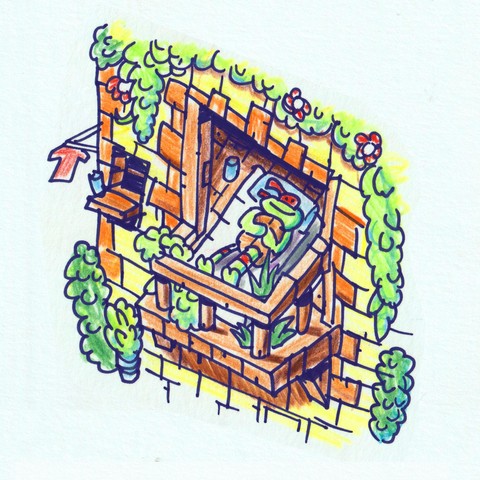 a line art drawing. coloured with pencil. Sketchily. We see a balcony with the window open. Raphaelo lays on his matras. Smiling. He is staring at the sky.