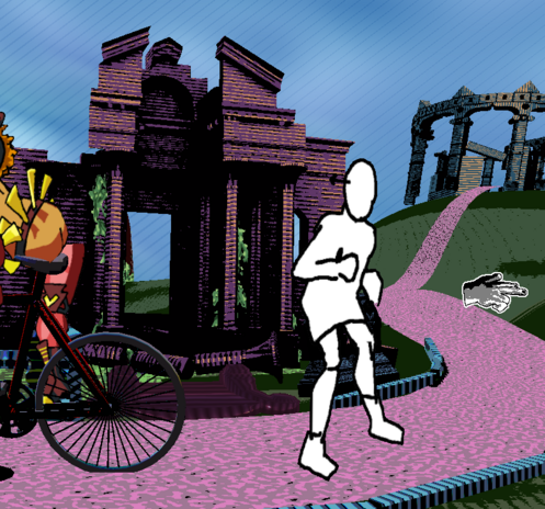 A 3d scene of a mausoleum with a blank character crouching and looking to the left