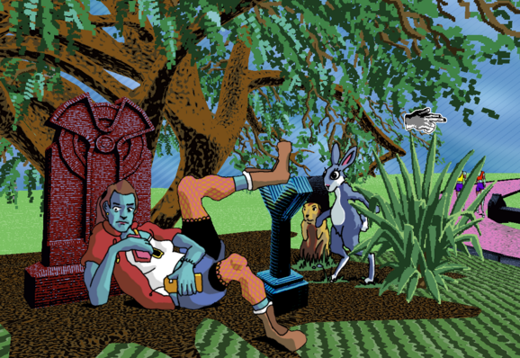 Julian laying on graves and vaping while the rabbit and groundhog watch from behind a bush