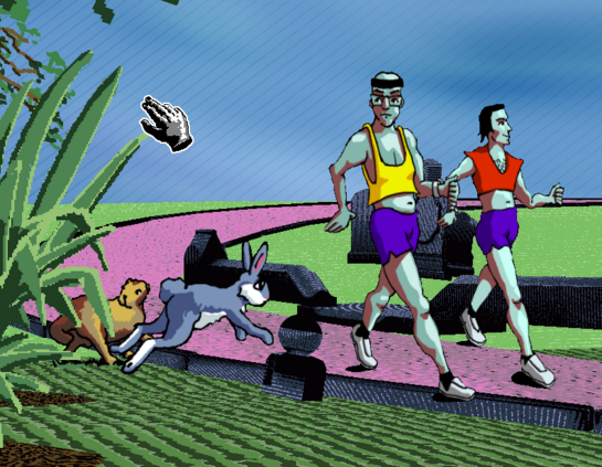 The rabbit and grasshopper jump over the curb next to the runners