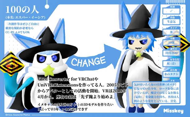 100の人 (本名: エスパー・イーシア)
性別: ♂
性格: 生意気
タイプ: 氷
年齢: 10歳
誕生日: 10月26日
好きな色: 虹 (青)
持ち物: 氷のタクト
メモ: 気が付いたら布の付喪神 (オバケ) になっていた少年。ローブを身に着けているが、魔法ではなく気を操る (気功) 。変身能力を持ち、普段は人間のような姿をとっている。甘党。
二次創作等はぜひご自由に
厳密な規約が必要なら
CC-BY-4.0でもOK
VRM Converter for VRChatやUniVRMExtensionsを作ってる人。2005年ごろからアバターとしての活動を開始。VRは2018年4月から。座右の銘は「先ず隗より始めよ」
イメキャラの変身前の方(←)の3Dモデルを作りたい
と言って早5年 いまだ着手できず 100の人 (本名: エスパー・イーシア)
性別: ♂
性格: 生意気
タイプ: 氷
年齢: 10歳
誕生日: 10月26日
好きな色: 虹 (青)
持ち物: 氷のタクト
メモ: 気が付いたら布の付喪神 (オバケ) になっていた少年。ローブを身に着けているが、魔法ではなく気を操る (気功) 。変身能力を持ち、普段は人間のような姿をとっている。甘党。
二次創作等はぜひご自由に
厳密な規約が必要なら
CC-BY-4.0でもOK
VRM Converter for VRChatやUniVRMExtensionsを作ってる人。2005年ごろからアバターとしての活動を開始。VRは2018年4月から。座右の銘は「先ず隗より始めよ」
イメキャラの変身前の方(←)の3Dモデルを作りたい
と言って早5年 いまだ着手できず