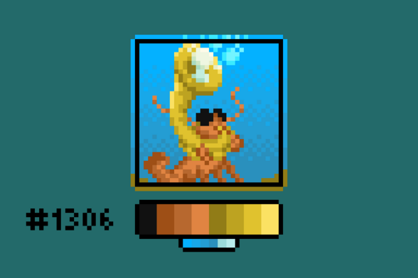 Pixel art of a shrimp standing underwater with a tuba, playing it and blowing bubbles out of it.