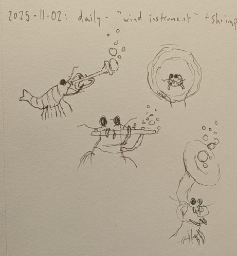 Pen and ink sketch of several shrimps holding wind instruments, namely a flute, trumpet, and tuba. Also one shrimp peering out from inside a tuba.