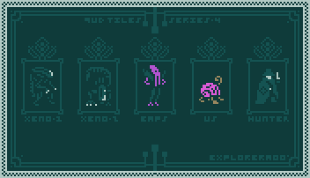 An ornate pixel frame with sprites of 5 different characters. Text reads "Qud Tiles Series 4", characters from left to right: "Xeno 1", "Xeno 2", "Empy', "Us", "Hunter"