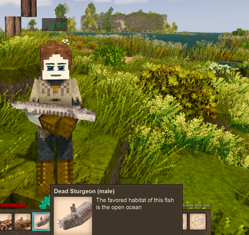 A seraph holding a sturgeon fish.