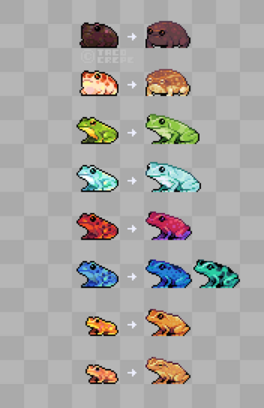 a set of pixel art frog sprites, each column representing a before & after comparison. Column on the left are the first sprites I made, column on the right are the ones I made recently. The first row (top to bottom) is the Black Rain Frog. The second row is the Desert Rain Frog. Third Row is the Green Tree Frog. Fourth Row is the Whites Tree Frog. The Fifth Row is the Strawberry Poison Dart Frog. The Sixth Row is the Blue Poison Dart Frog, and the Green & Black Poison Dart Frog. The Seventh Row is the Golden Mantella Frog. The Eighth Row is the Coqui Frog.