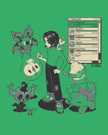 A list of my 6-mon team. The list is as follows : Bulbasaur, Applin (Shiny), Noibat (Shiny), Solosis, Phantump, Unhatched Egg. My OC (Sam) is standing in the middle with a confident pose, while holding a duskball pokeball. On my left shoulder is a Shiny Applin. Flying by the left of my OC is a Shiny Noibat, with a happy expression. Below Noibat is a Solosis, directly staring at me. Below Solosis, by the lower left of my OC is Phantump, looking curiously toward a sapling. By the bottom right of my OC is Bulbasaur, looking playful, with one foot lifted above the ground. Bulbasaur also has their vines wrapped around an Unhatched Pokemon Egg. The egg has some sparkles around it, suggesting a Shiny Pokemon is inside it. The shadows below my OC and the Pokemon suggests that the ground that we're currently on is a field of grass.